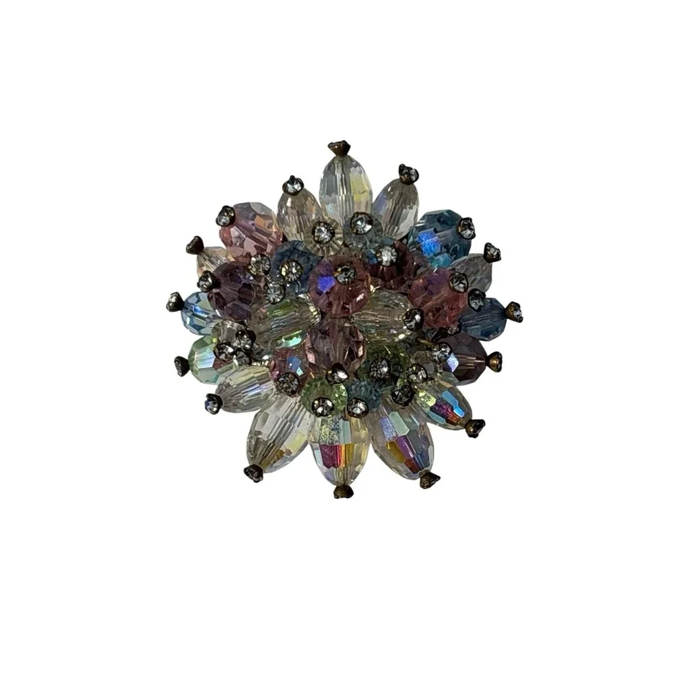 Vintage Signed Vendome Rhinestone beaded Brooch Pin Clip On‎ Earrings Set